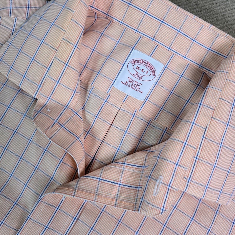 Brooks Brothers 346 Mens 16 6/7 Regular Fit Non-Iron Cotton Check Shirt Orange